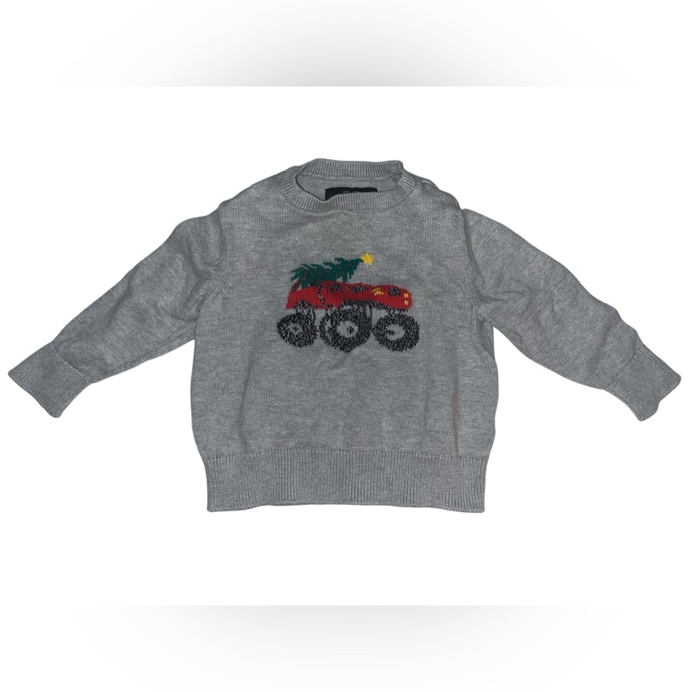 Oshkosh B’gosh Unisex Baby Gray Sweater SZ: 12 M Monster Truck & Xmas Tree (VG)